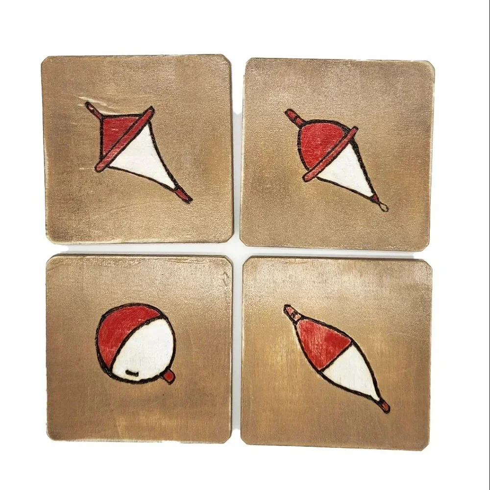 Set of 4 hand-crafted Fishing Bobber themed coasters, bar top, wine glass, dad